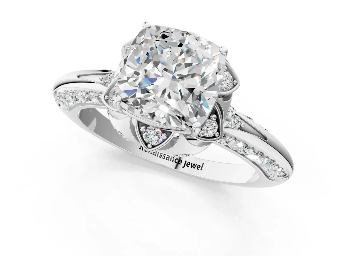 Cushion Cut Halo Split Shank Pave Diamond Ring with Petal Prong Setting White gold