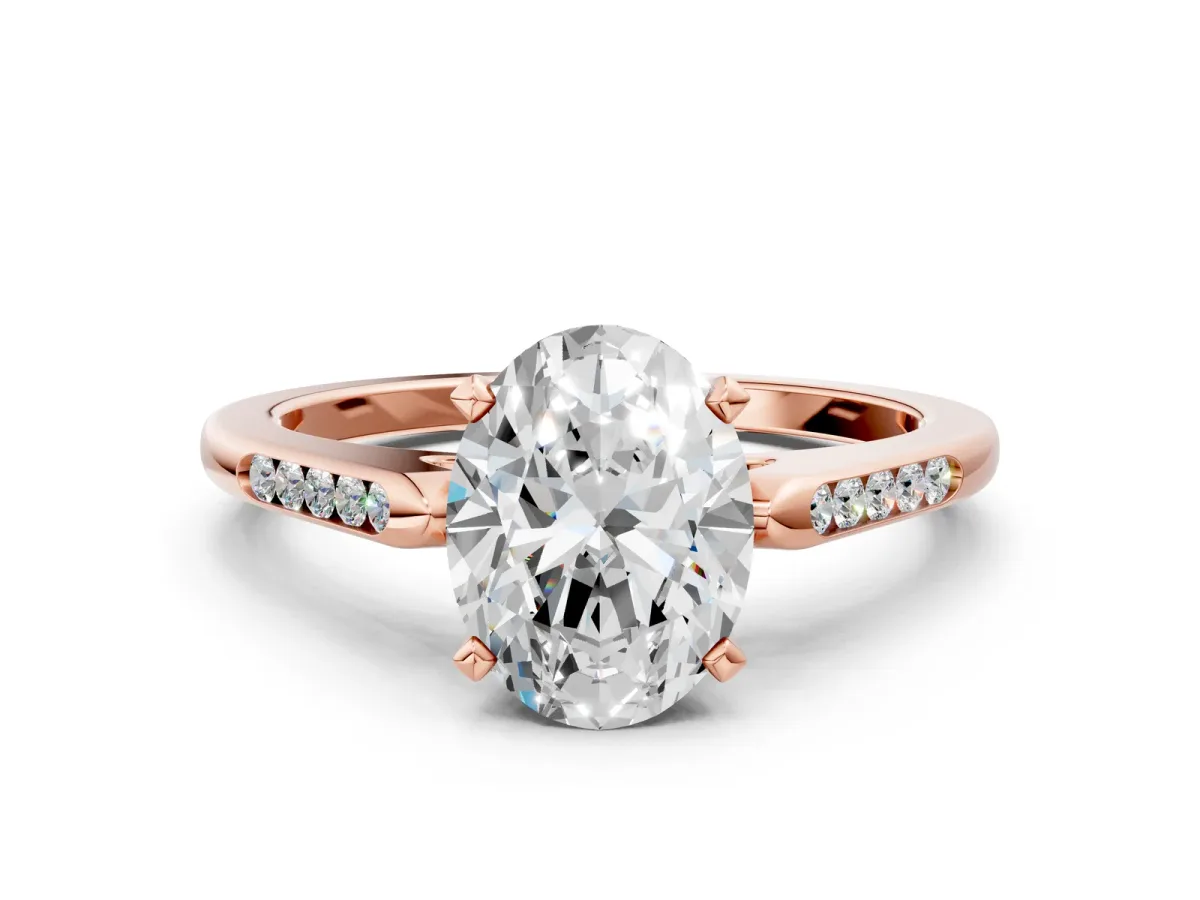 Oval Cut Diamond Solitaire Ring with Channel Set Round Band and Prong Setting Rose gold
