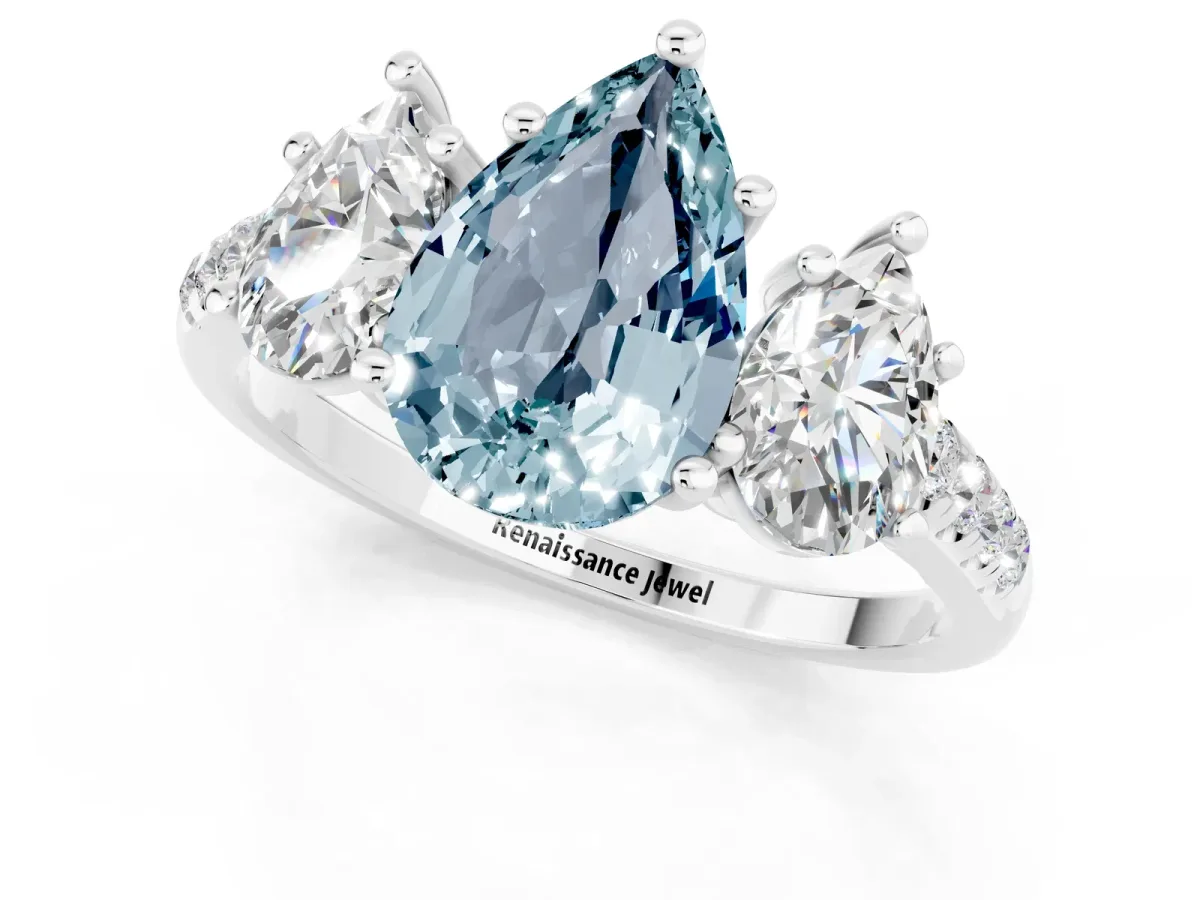 Three-Stone Pear Cut Aquamarine Ring with Round Pavé Band and Prong Setting Silver