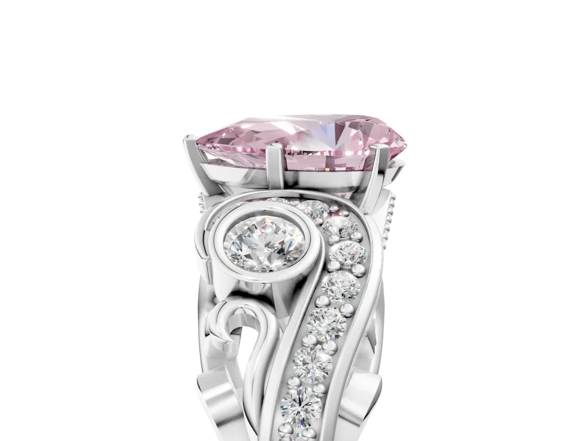 Fancy Pink Pear Cut Diamond Solitaire Ring with Milgrain Pavé Band and Four-Prong Setting Silver