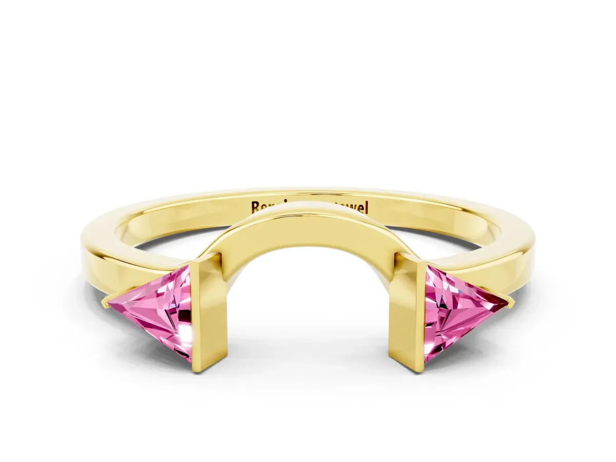 Trillion Pink Sapphire Open Band Ring with Bezel Setting Yellow gold