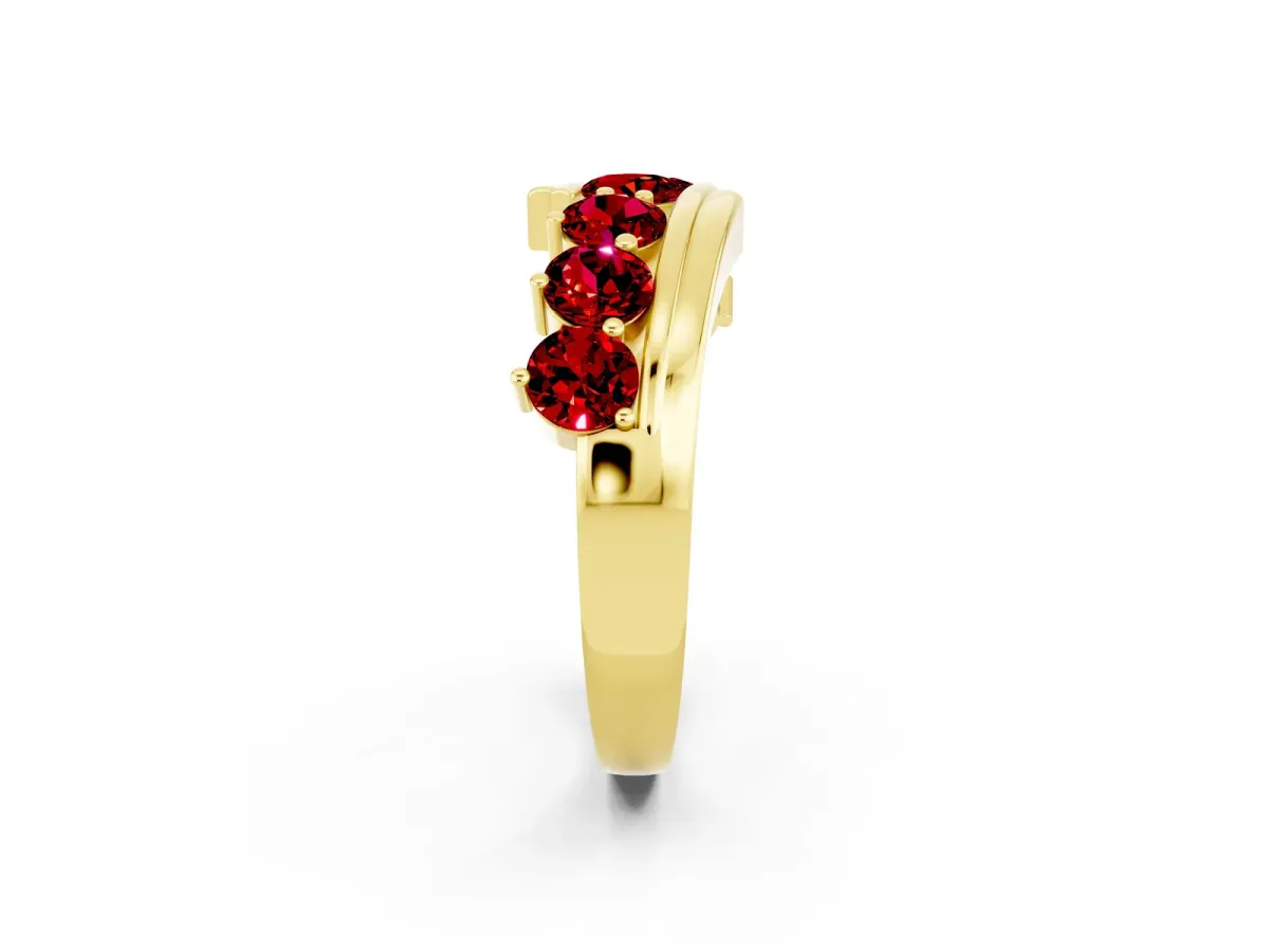Round Ruby Wave Band with Channel and Shared Prong Setting Yellow gold