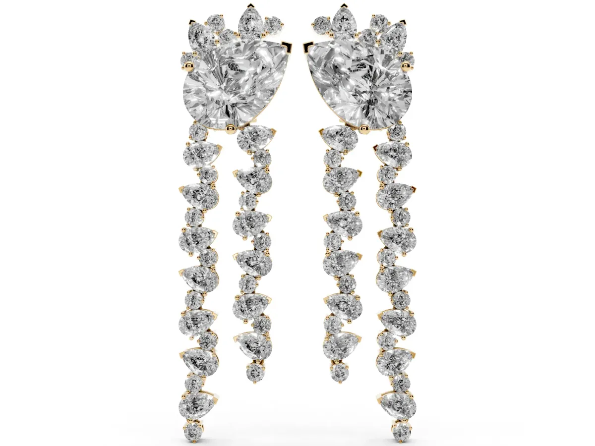 Pear Diamond Drop Earrings with Trilliant Diamond Cascades Yellow gold