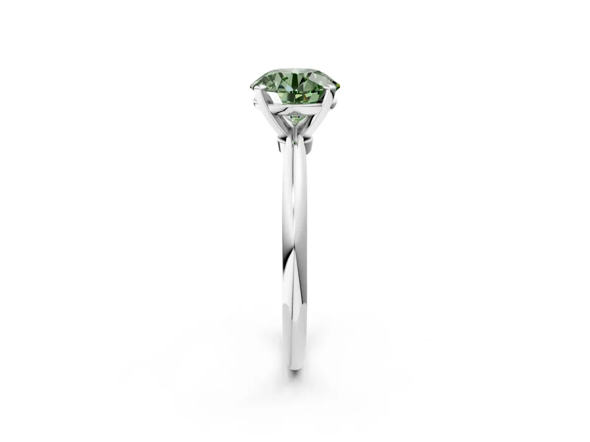 Fancy Green Round Cut Diamond Solitaire Ring with Six-Prong Setting and Classic Band Silver