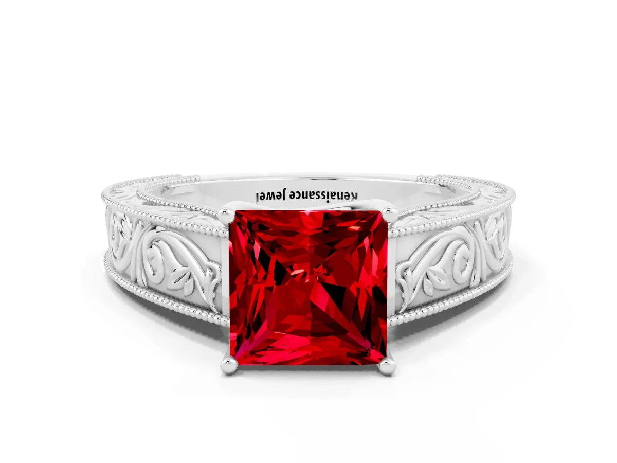 Princess Cut Ruby Solitaire Ring with Engraved Band and Four-Prong Setting White gold