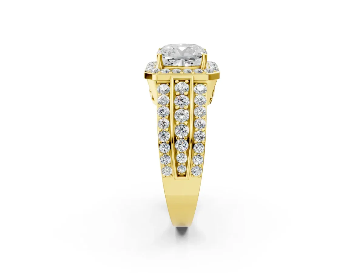 Cushion Cut Halo Diamond Ring with Round Split Shank and Prong Setting Yellow gold
