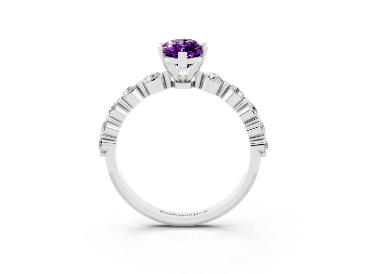Marquise Cut Solitaire Amethyst Ring with Pave Band and Four-Prong Setting Silver