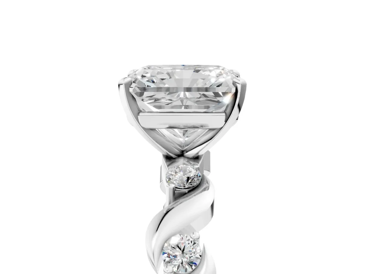 Radiant Cut Diamond Solitaire Twisted Band with Round Accents and Prong Setting Silver