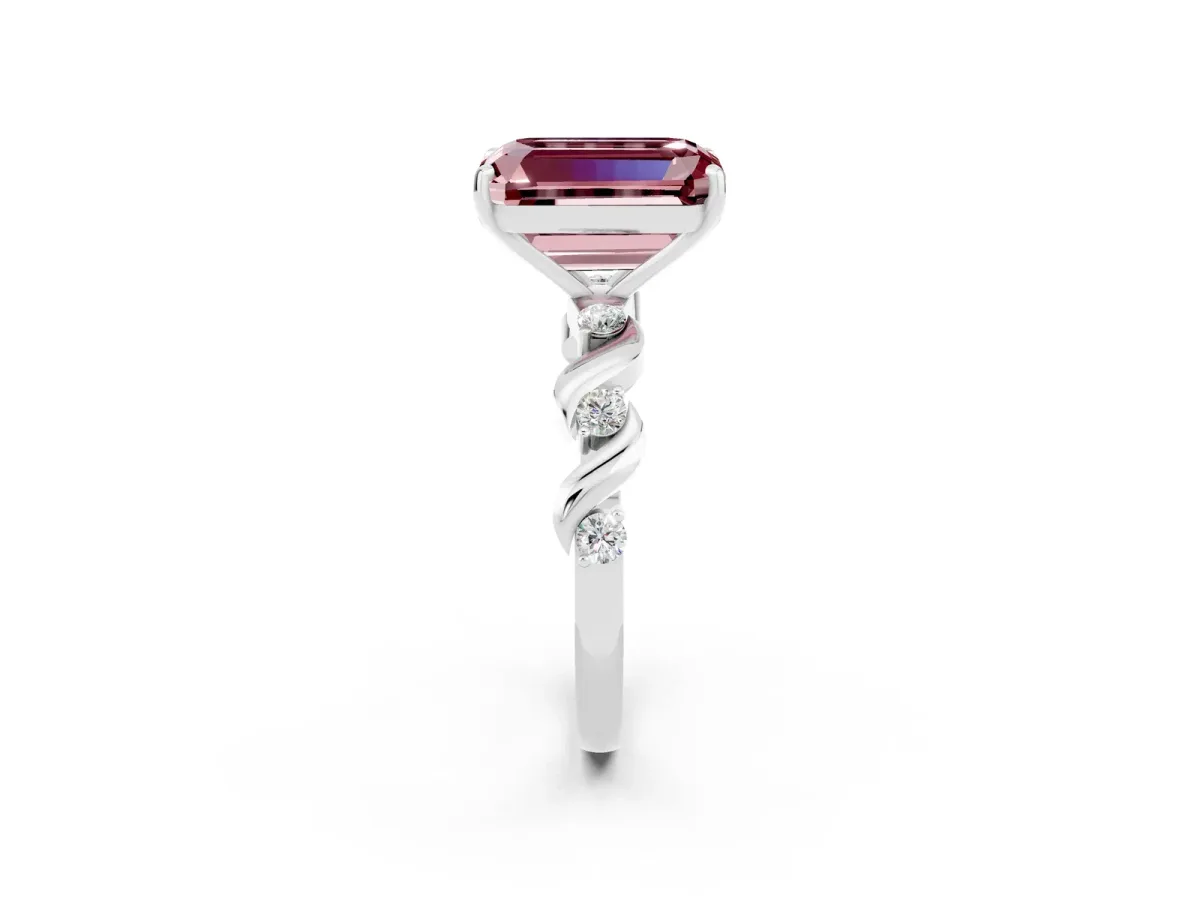 Emerald Cut Morganite Solitaire Twisted Band with Round Accents and Prong Setting Silver