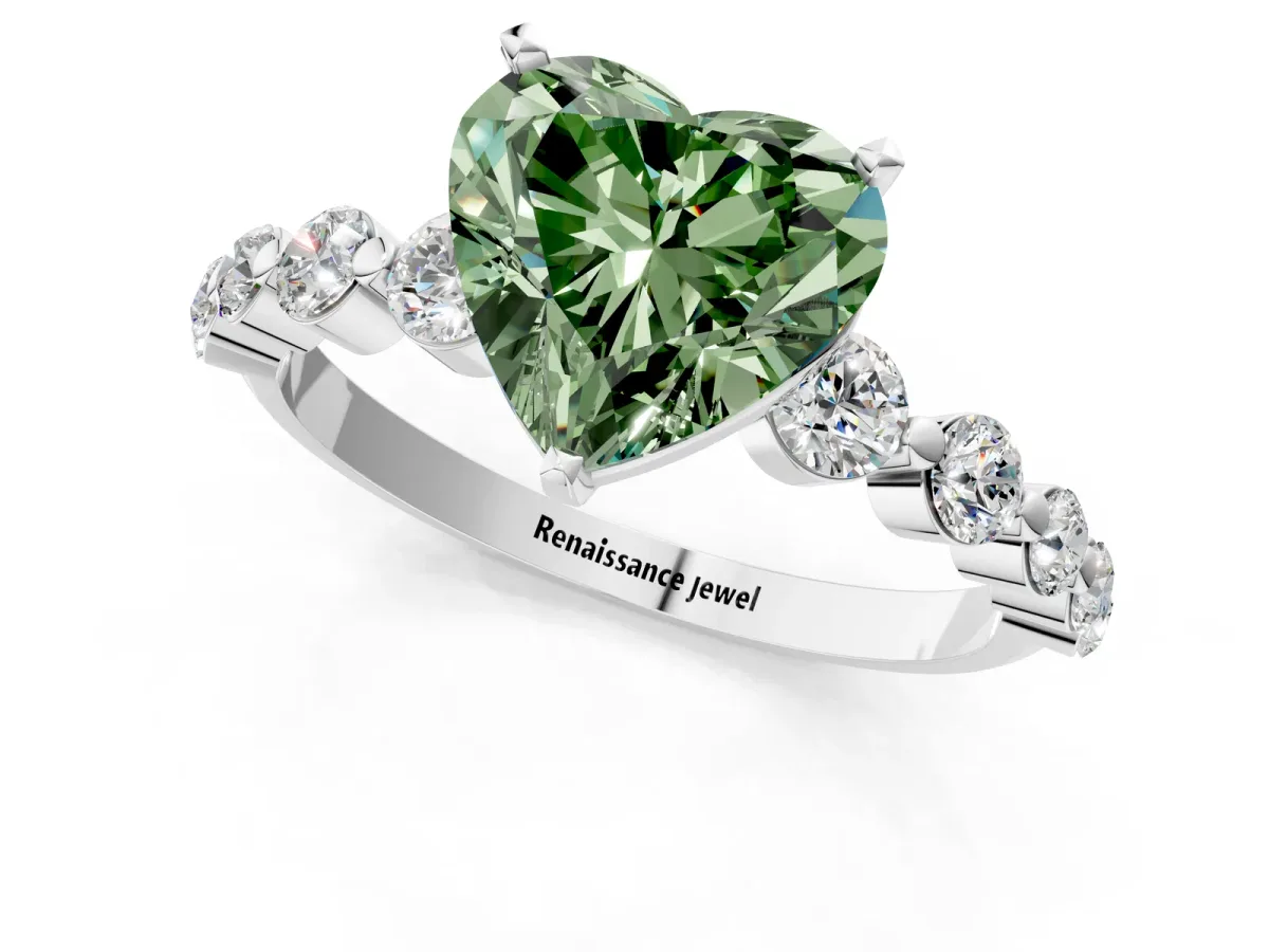 Fancy Green Heart Cut Solitaire Diamond Ring with Pave Band and Four-Prong Setting Silver