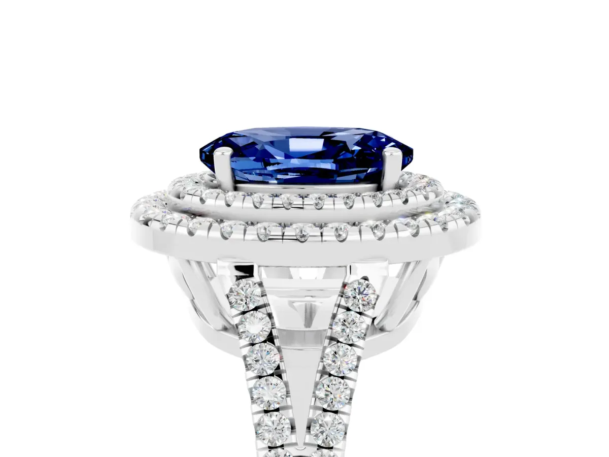 Oval Cut Blue Sapphire Double Halo Ring with Pavé Band and Prong Setting Silver