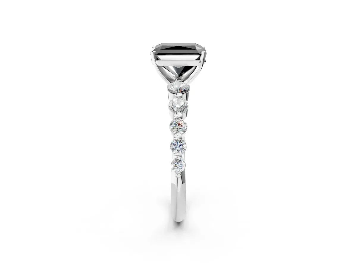 Fancy Black Radiant Cut Solitaire Diamond Ring with Pave Band and Four-Prong Setting Silver