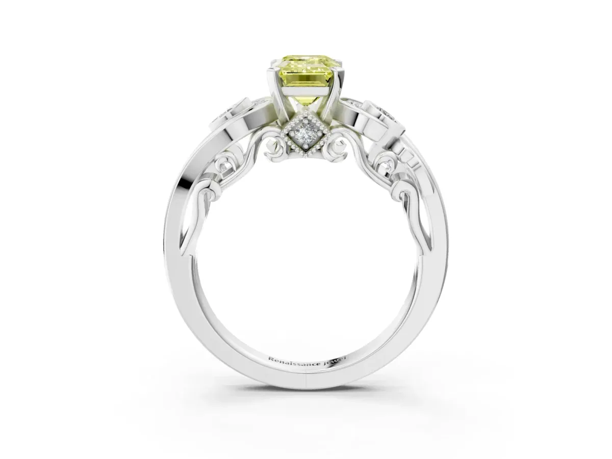 Fancy Yellow Emerald Cut Diamond Solitaire Ring with Milgrain Pavé Band and Four-Prong Setting Silver