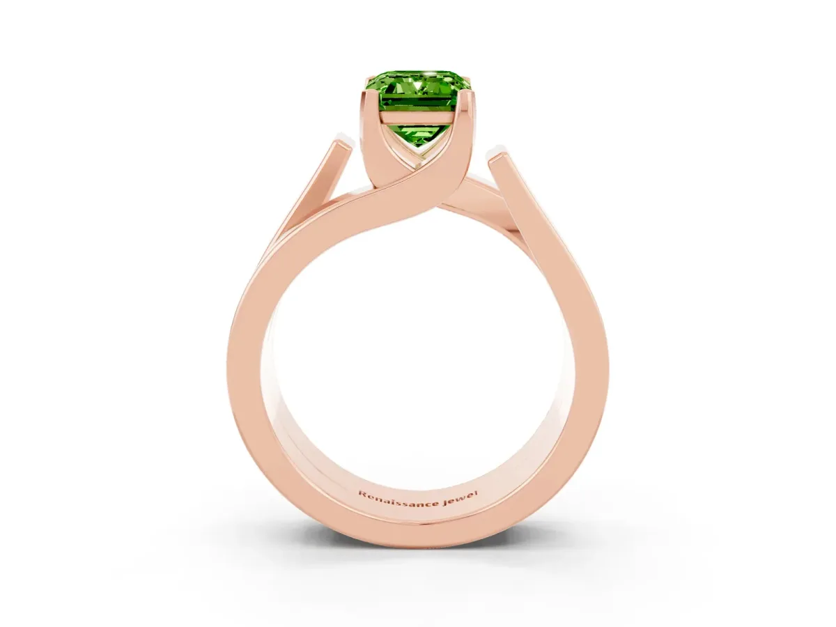 Modern Tension Set Emerald Cut Peridot Solitaire Wide Band Ring Rose gold
