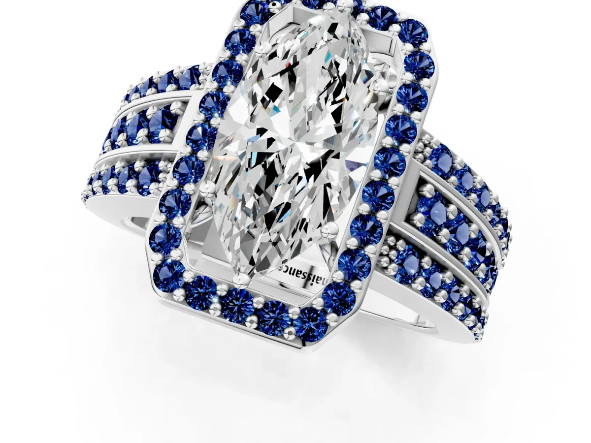 Marquise Cut Halo Diamond Ring with Round Blue Sapphire Split Shank and Prong Setting Silver