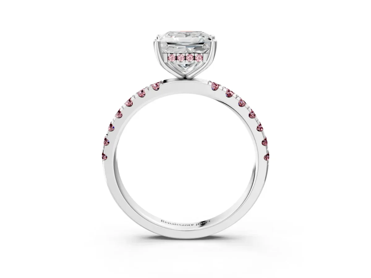 Princess Cut Diamond Pave Band Solitaire Ring with Round Morganite and Prong Setting Silver