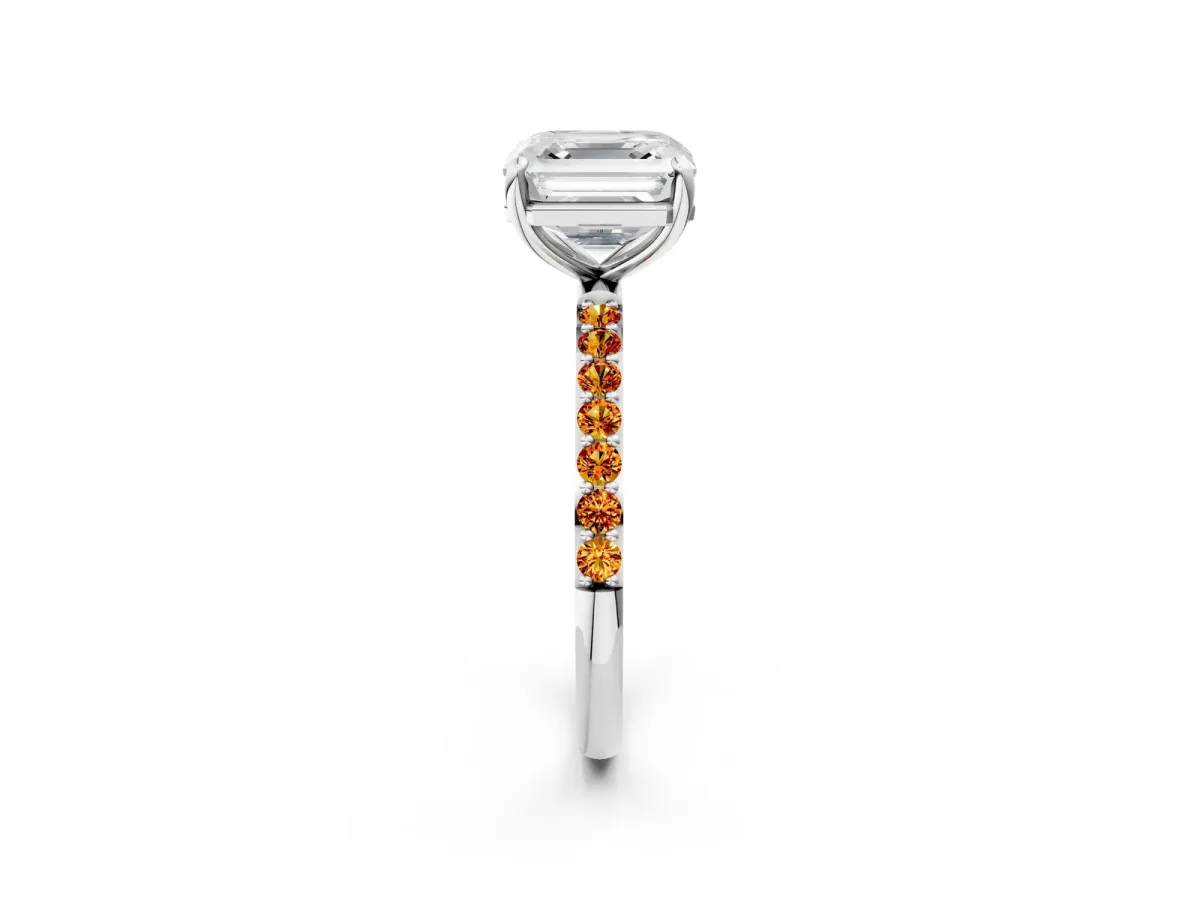 Asscher Cut Diamond Solitaire Ring with Round Citrine Pavé Band and Prong Setting Platinum
