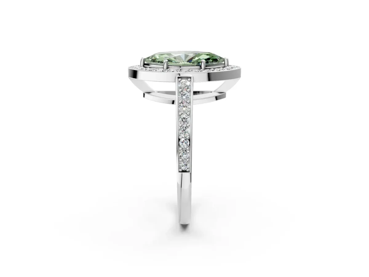 Fancy Green Marquise Cut Halo Pavé Diamond Engagement Ring with Bezel Setting Silver