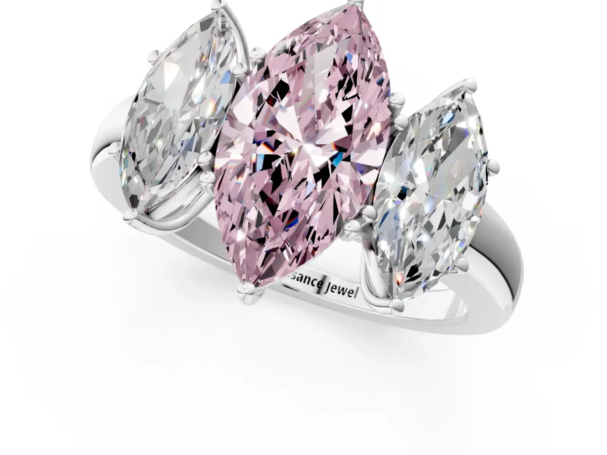 Fancy Pink Marquise Cut Diamond Three-Stone Ring with Four-Prong Setting and Classic Band Platinum