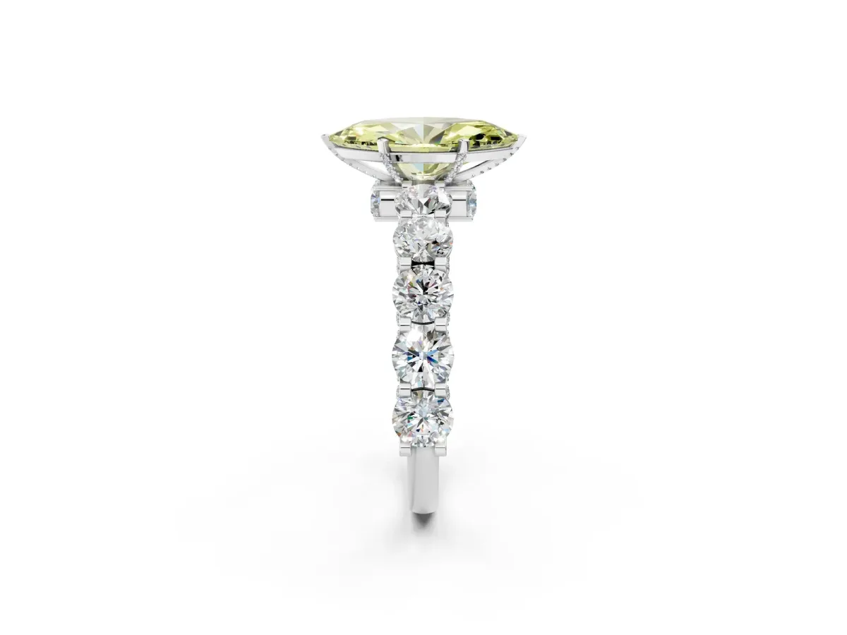 Fancy Yellow Marquise Cut Diamond Side Stone Engagement Ring with Four-Prong Setting White gold