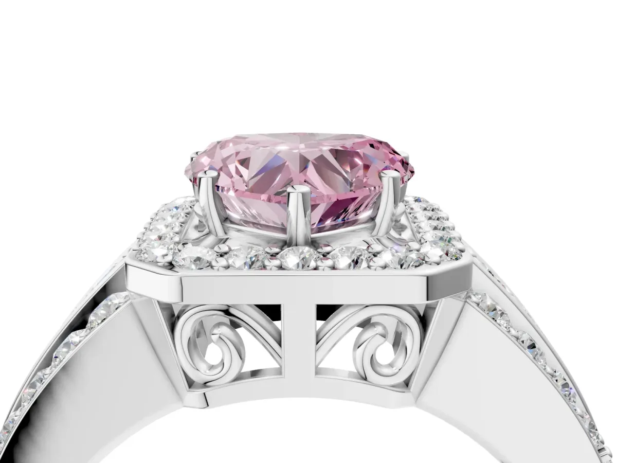 Fancy Pink Heart Cut Halo Diamond Ring with Round Split Shank and Prong Setting Platinum