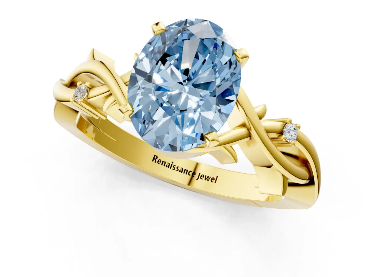 Fancy Blue Oval Cut Diamond Solitaire Ring with Twisted Band and Prong Setting Yellow gold