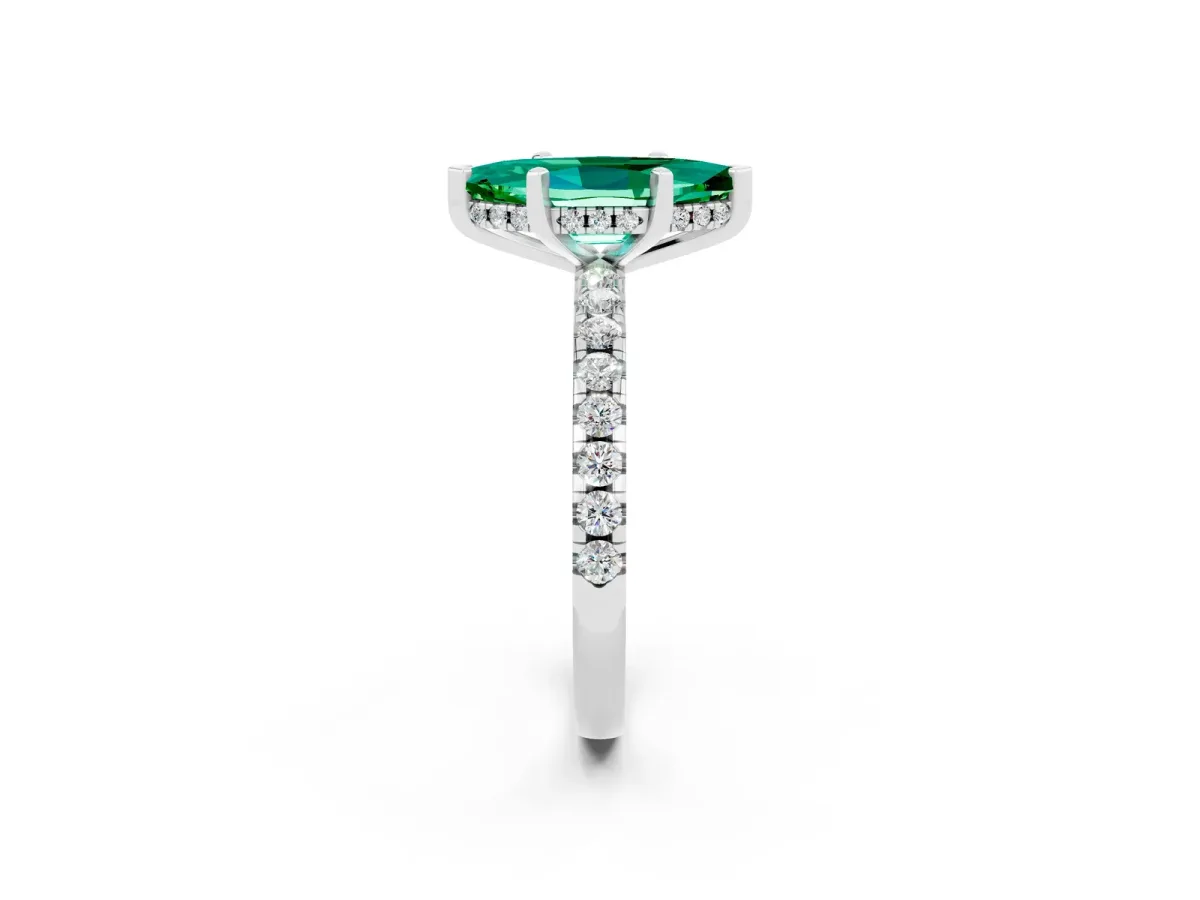 Marquise Cut Emerald Solitaire Ring with Round Pavé Band and Four-Prong Setting Silver
