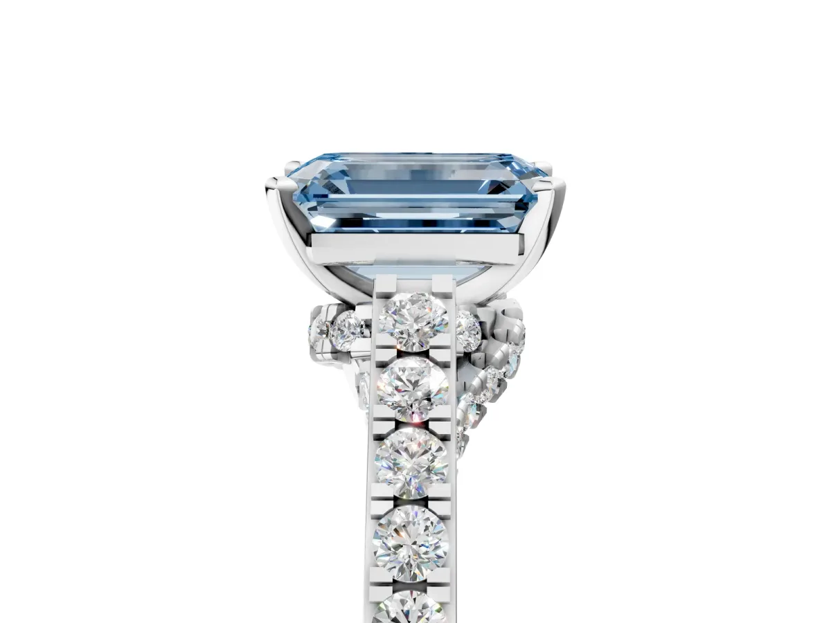 Fancy Blue Emerald Cut Diamond Solitaire Ring with Crossover Gallery and Round Pavé Band Silver