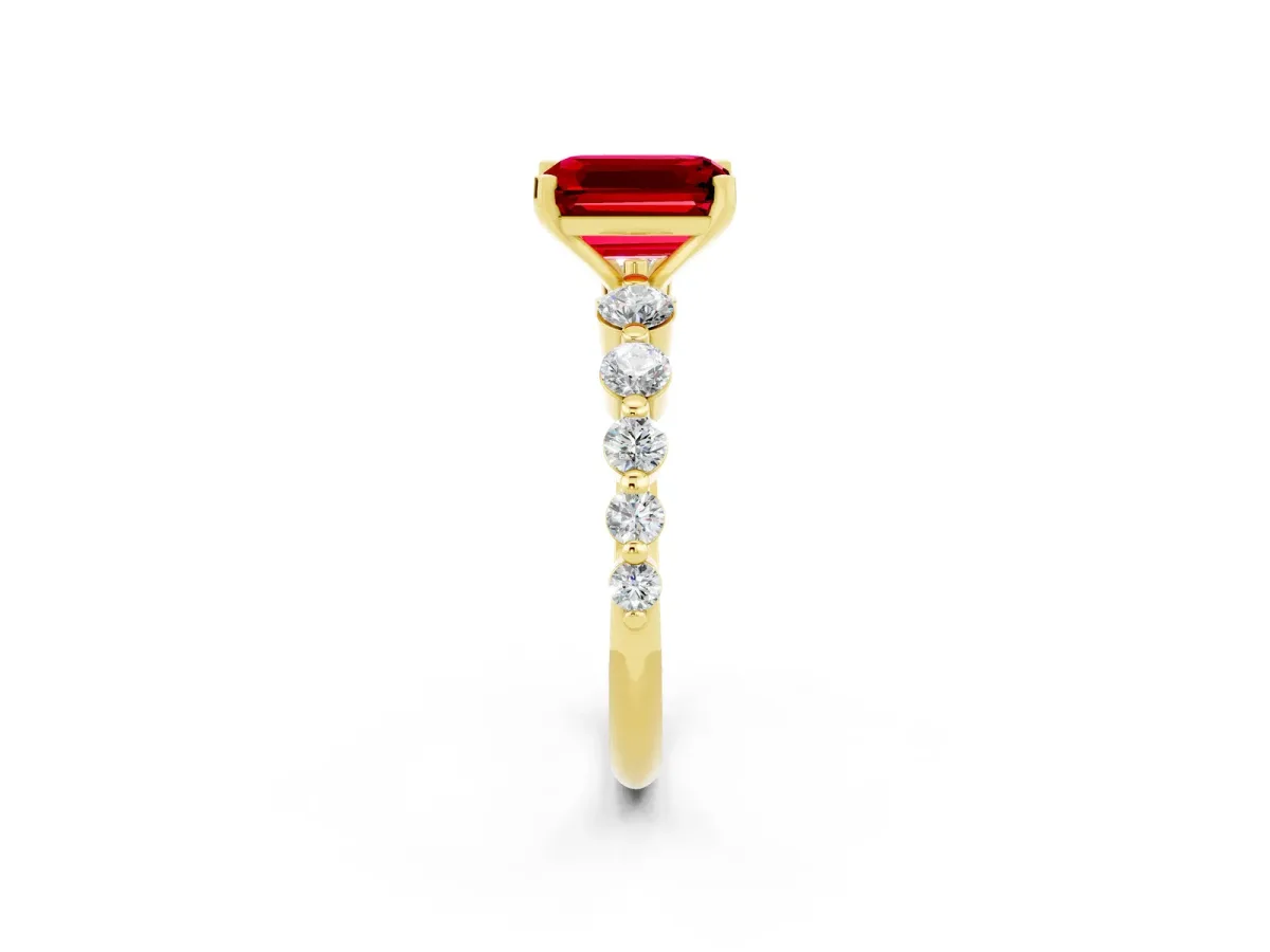 Emerald Cut Solitaire Ruby Ring with Pave Band and Four-Prong Setting Yellow gold