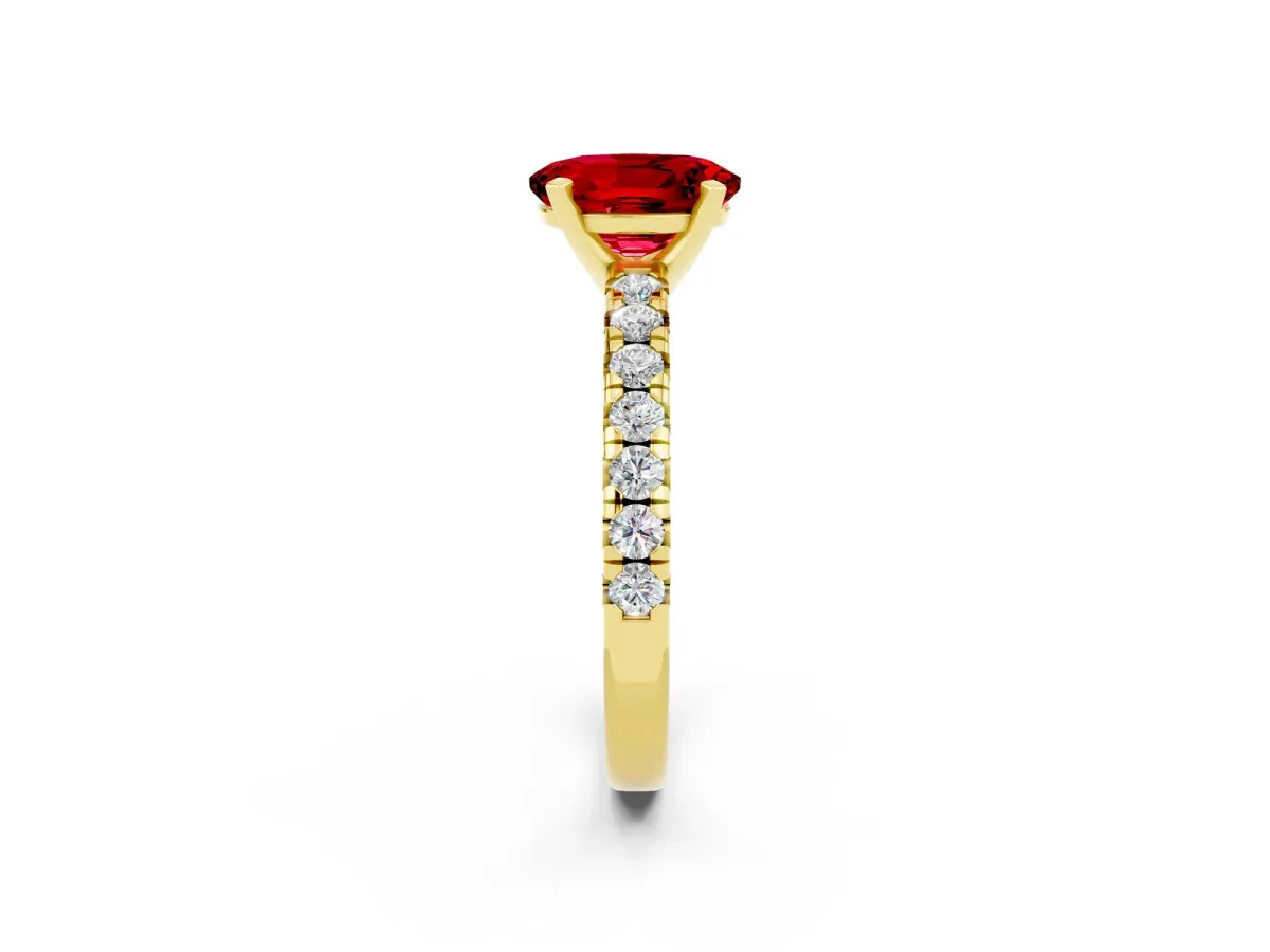 Oval Cut Ruby Solitaire Pavé Engagement Ring with Round Band and Prong Setting Yellow gold