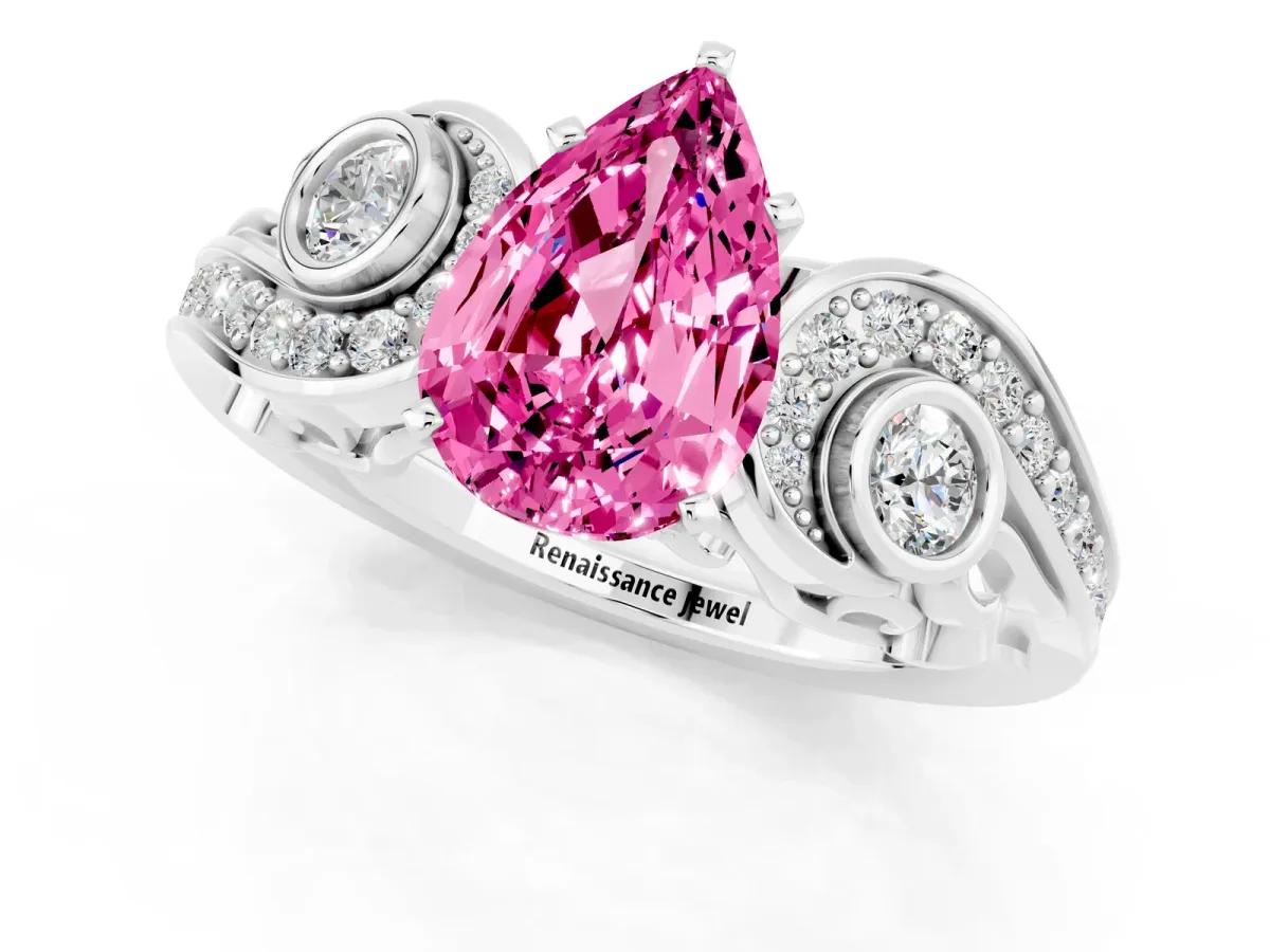 Pear Cut Pink Sapphire Solitaire Ring with Milgrain Pavé Band and Four-Prong Setting Silver