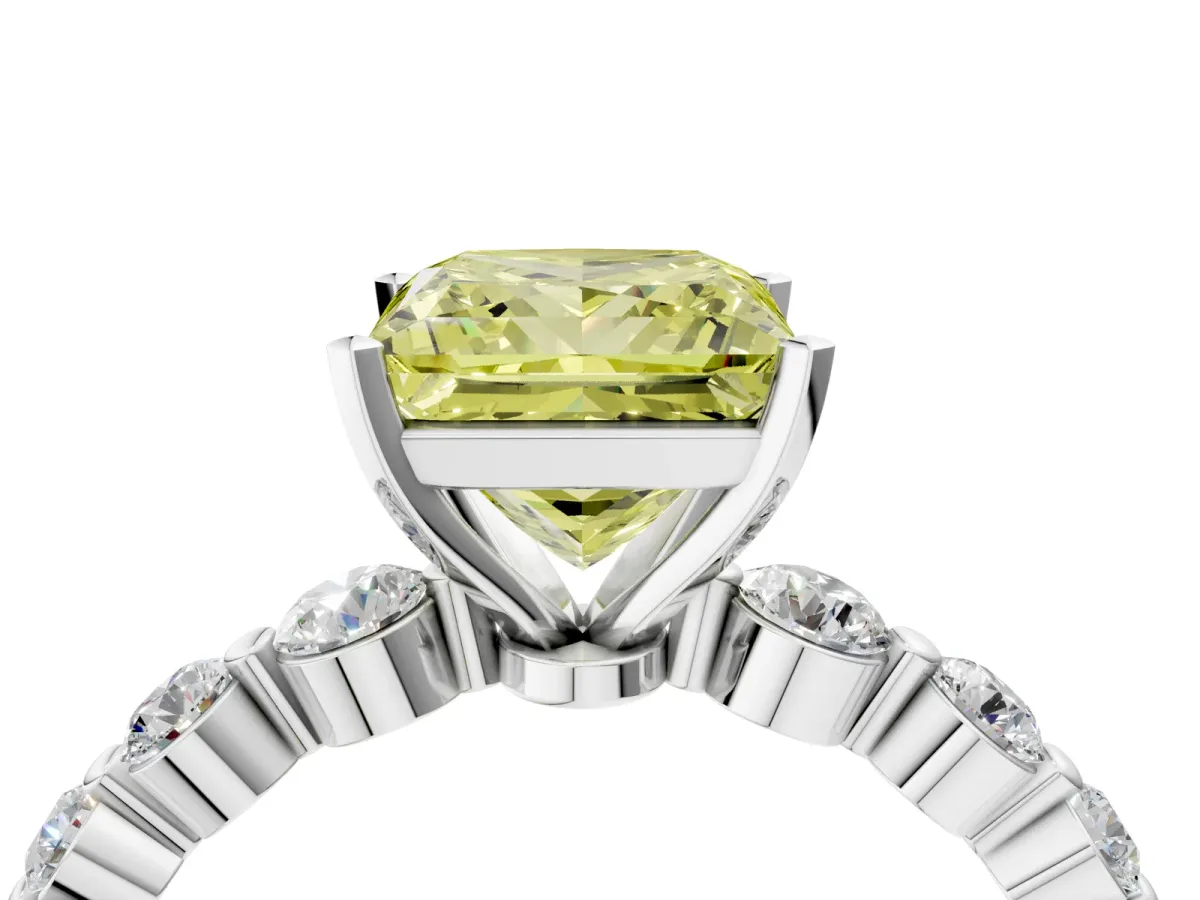 Fancy Yellow Princess Cut Solitaire Diamond Ring with Pave Band and Four-Prong Setting Silver