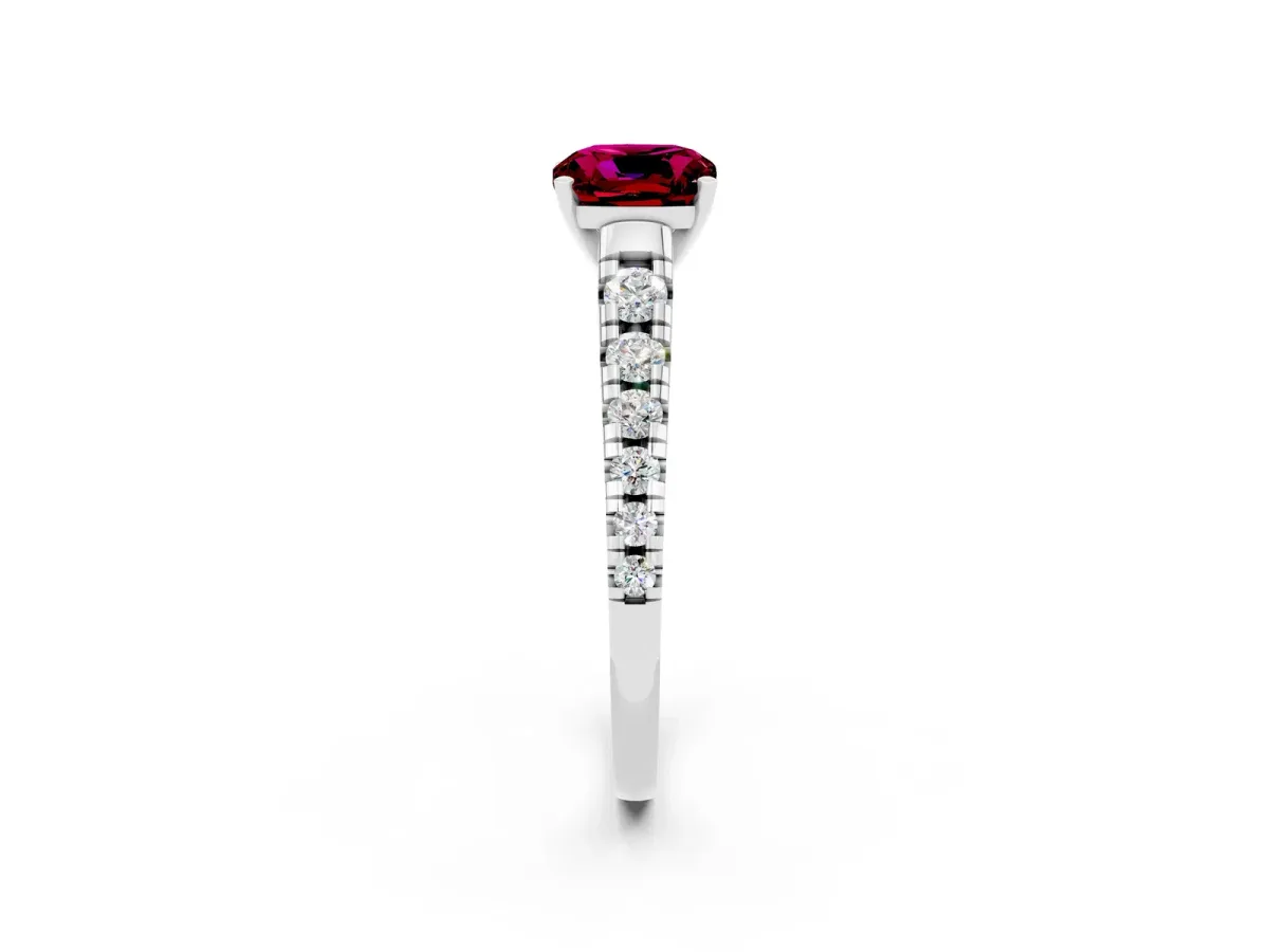 Cushion Cut Garnet Cathedral Solitaire Ring with Round Pavé Band Silver
