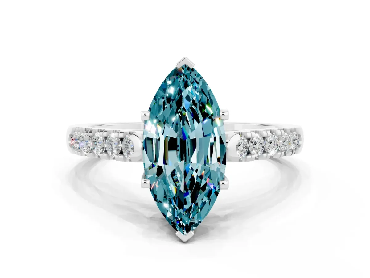 Marquise Cut Blue Topaz Pavé Band Solitaire Ring with Prong Setting Silver