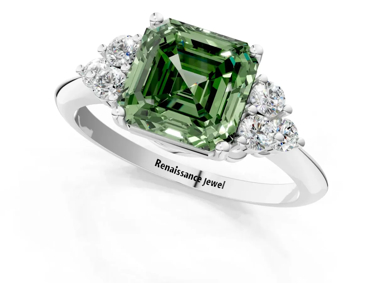Fancy Green Asscher Cut Cut Diamond Cluster Ring with Solitaire Band and Four-Prong Setting Platinum