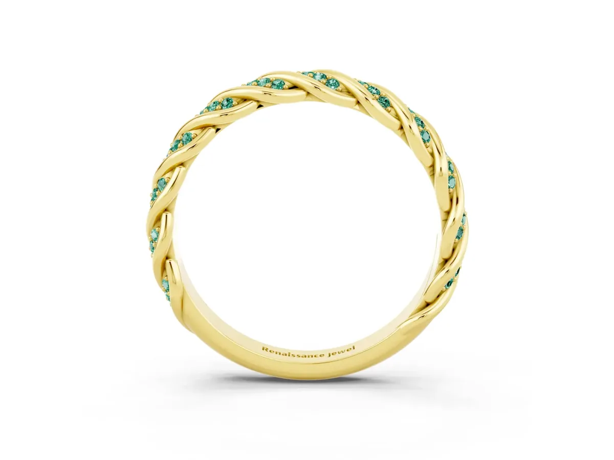 Twisted Pavé Round Green Sapphire Eternity Band with Shared Prong Setting Yellow gold