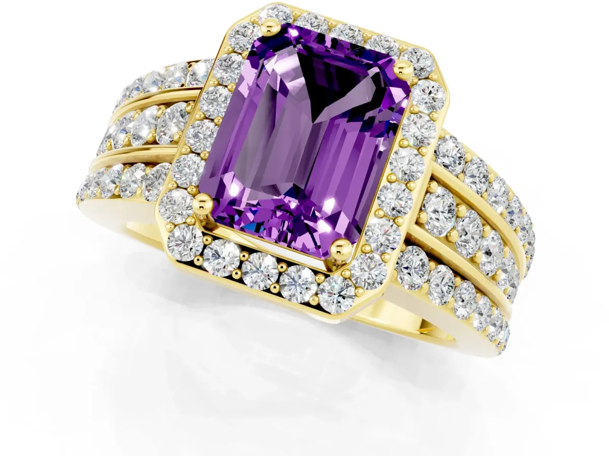 Emerald Cut Halo Amethyst Ring with Round Split Shank and Prong Setting Yellow gold