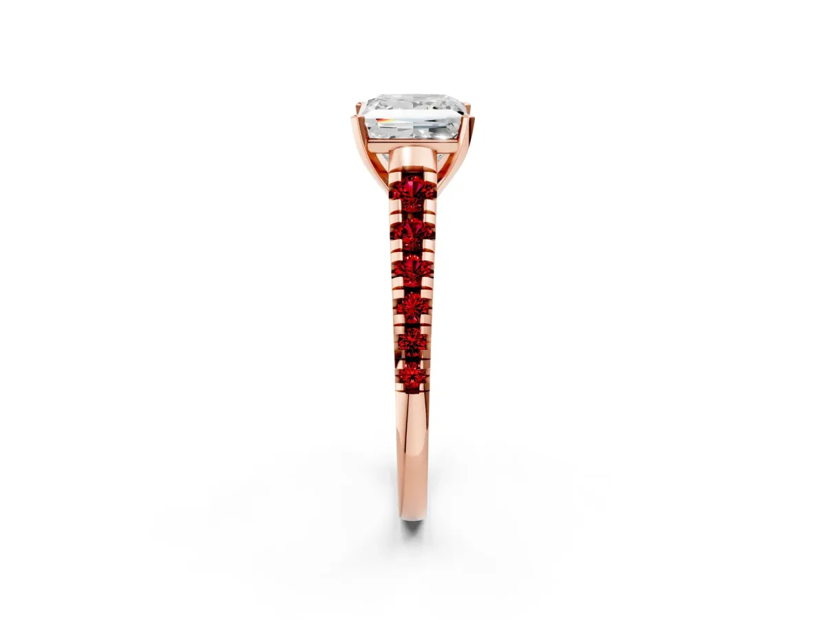Princess Cut Diamond Cathedral Solitaire Ring with Round Ruby Pavé Band Rose gold