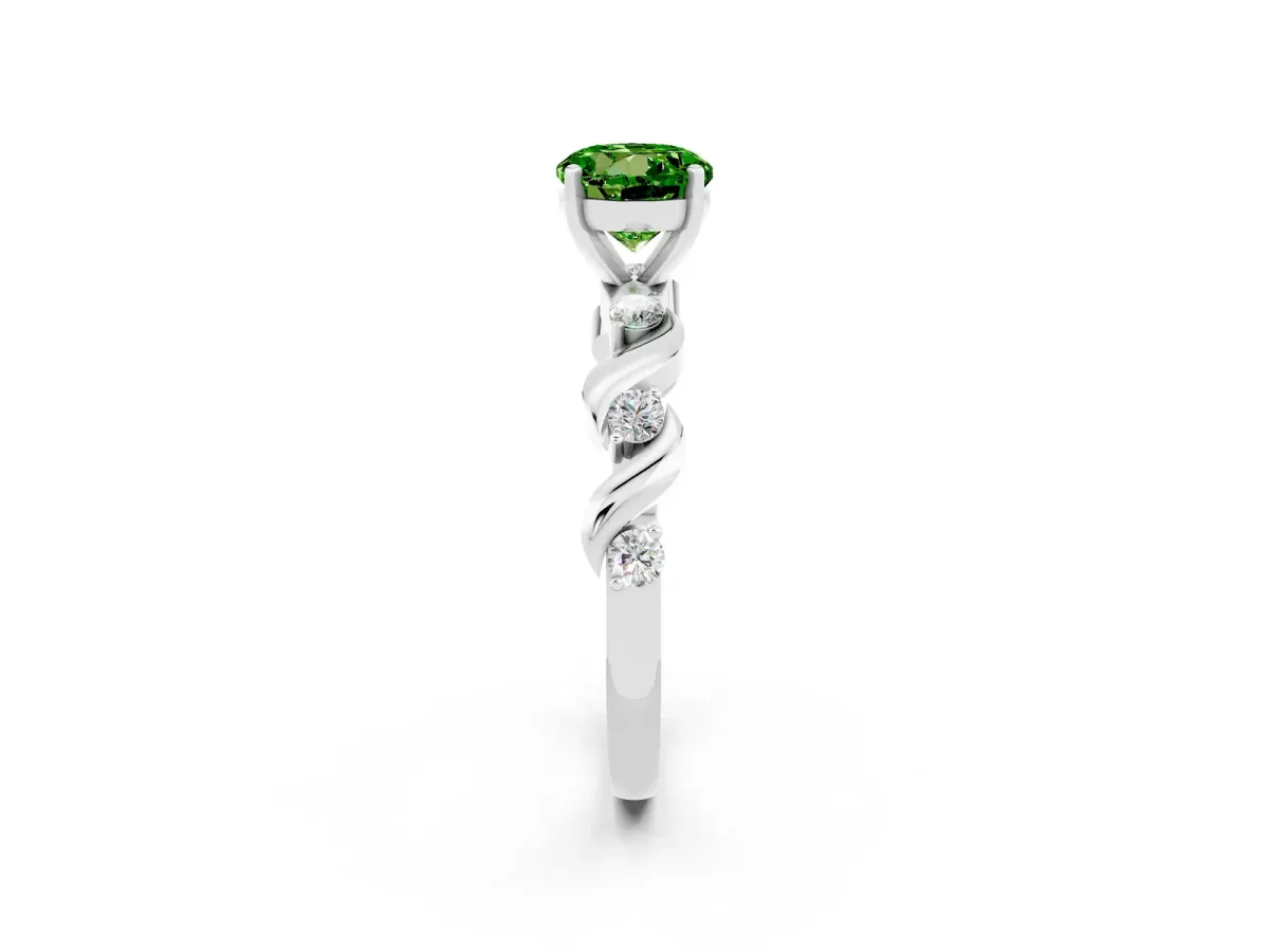 Round Cut Peridot Solitaire Twisted Band with Round Accents and Prong Setting Silver