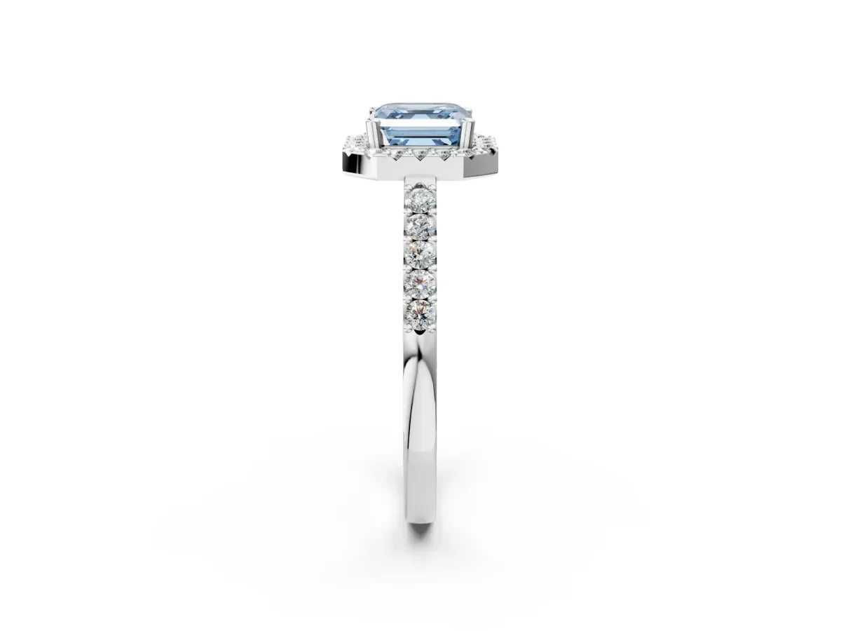 Fancy Blue Asscher Cut Halo Diamond Pavé Solitaire Ring Silver