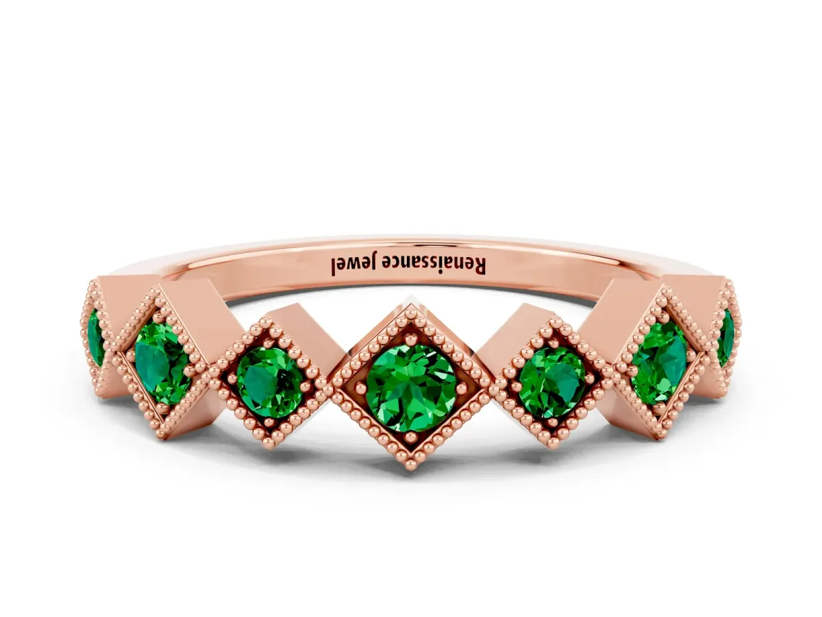 Milgrain Square Bezel Round Emerald Chevron Band Rose gold