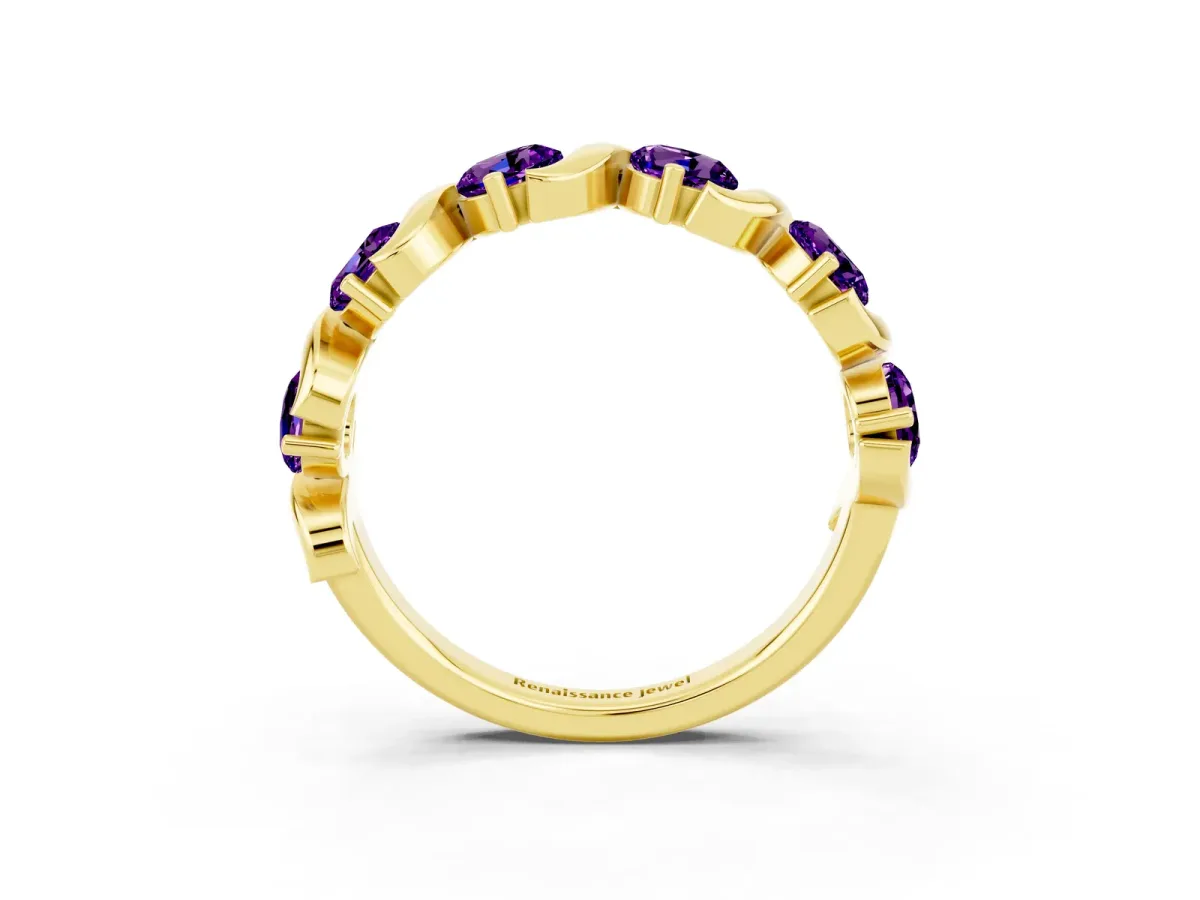 Six-Stone Round Amethyst Wave Band with Shared Prong Setting Yellow gold