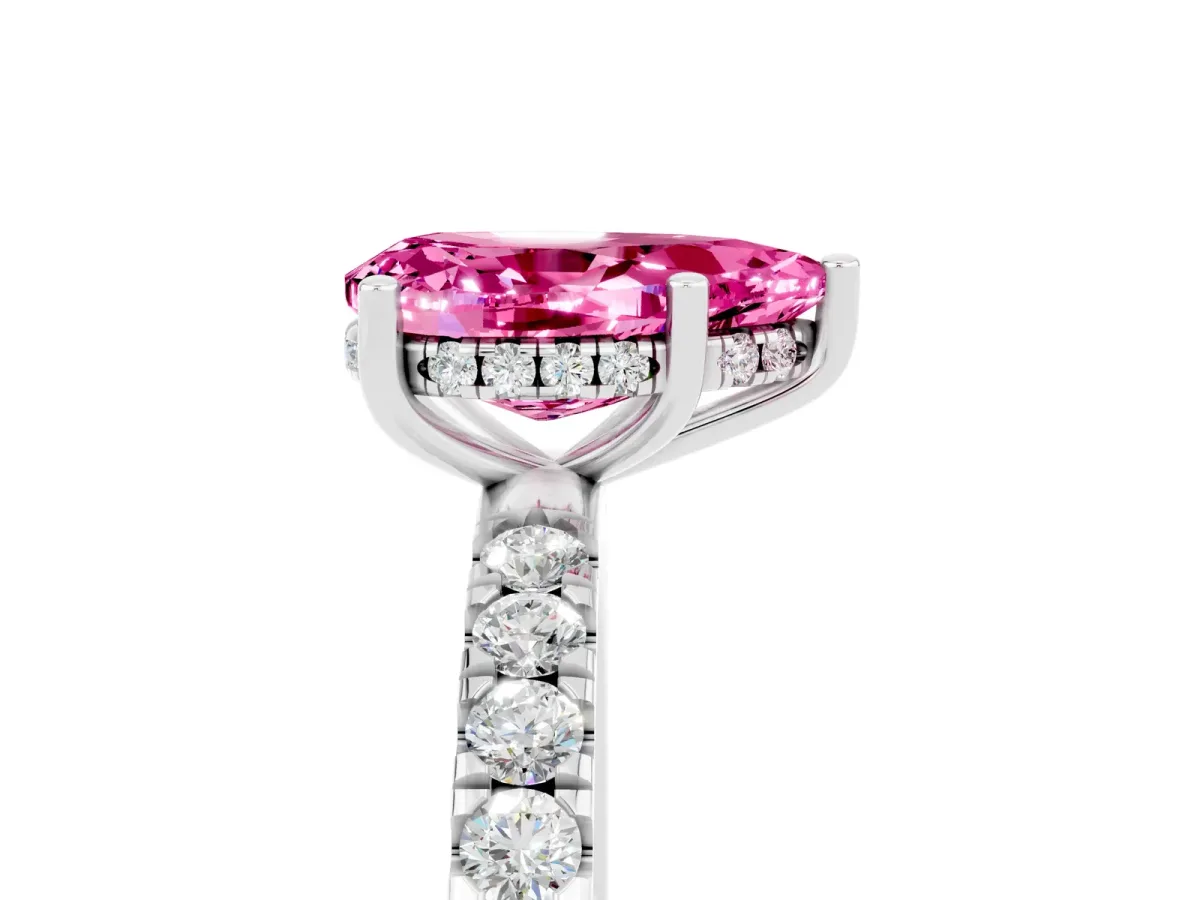 Pear Cut Pink Sapphire Pave Band Solitaire Ring with Round and Prong Setting Silver