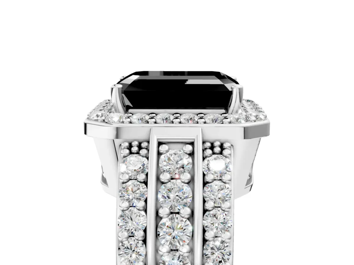 Fancy Black Emerald Cut Halo Diamond Ring with Round Split Shank and Prong Setting White gold