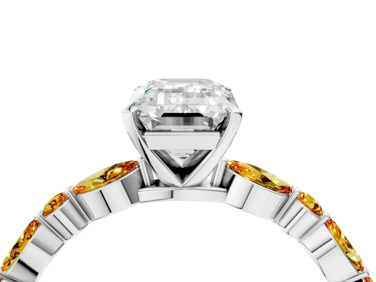 Emerald Cut Diamond Ring with Marquise and Round Citrine Side Stones and Four-Prong Setting Silver