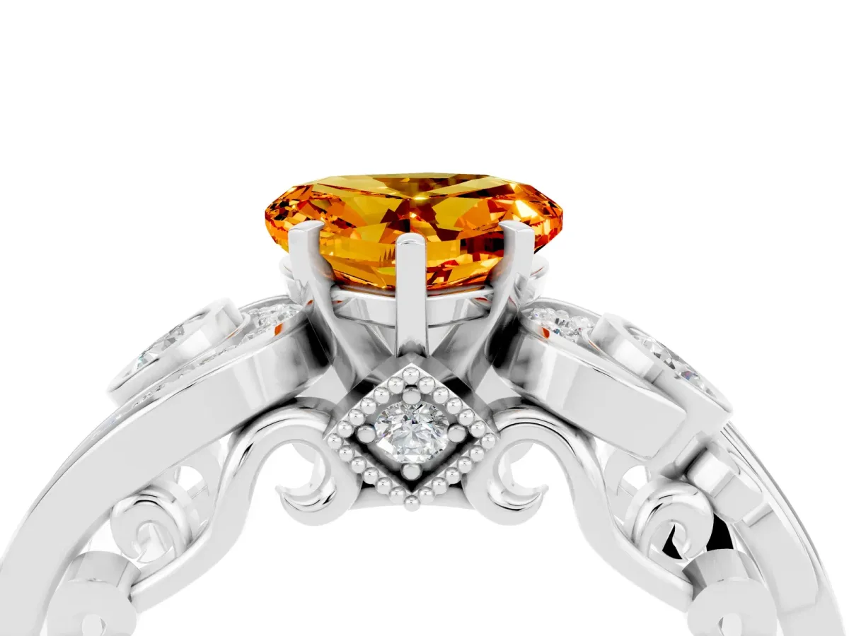 Heart Cut Citrine Solitaire Ring with Milgrain Pavé Band and Four-Prong Setting Silver