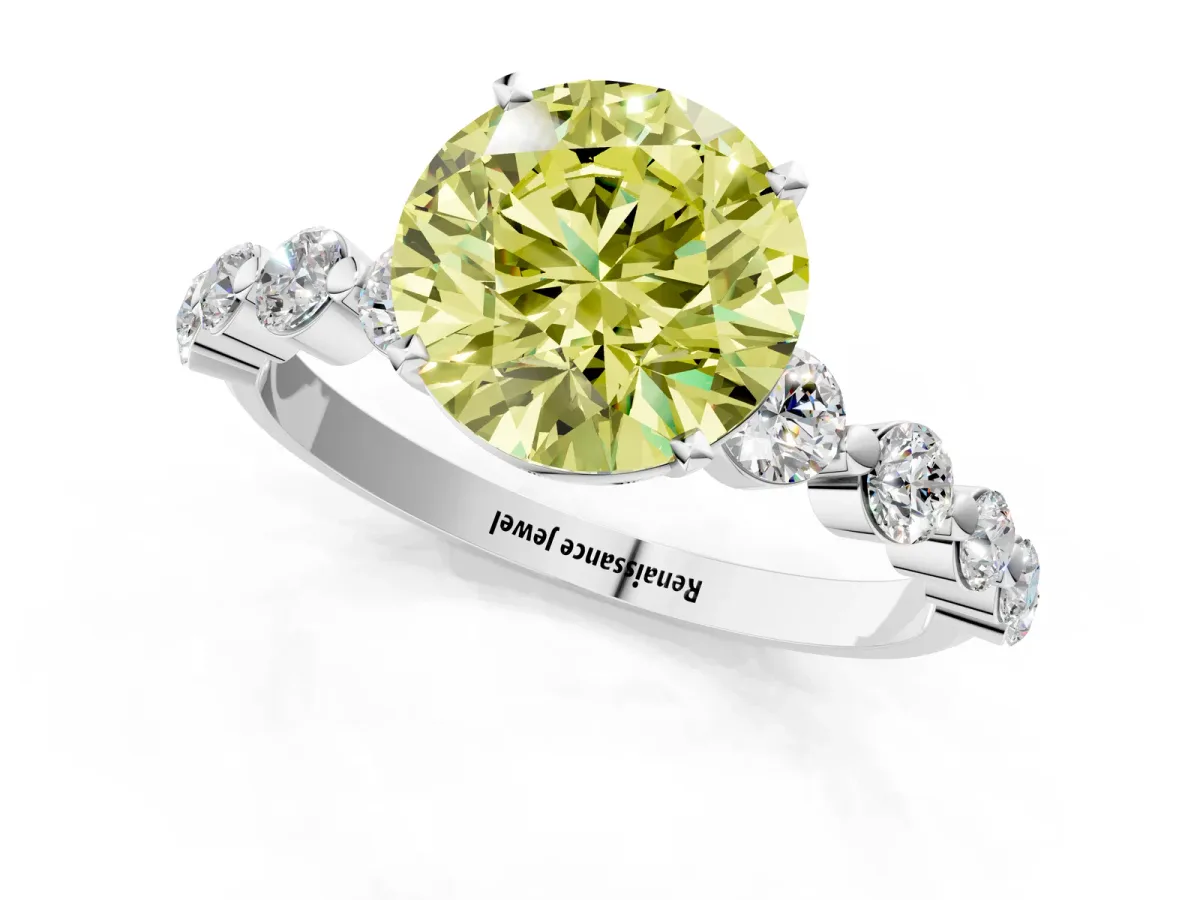 Fancy Yellow Round Cut Solitaire Diamond Ring with Pave Band and Four-Prong Setting Silver