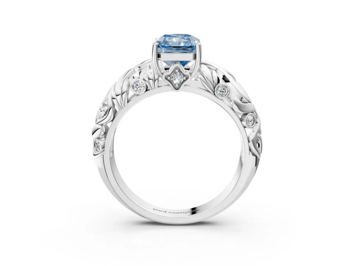 Fancy Blue Radiant Cut Solitaire Diamond Leaf-Inspired Vine Band Ring with Prong Setting Platinum