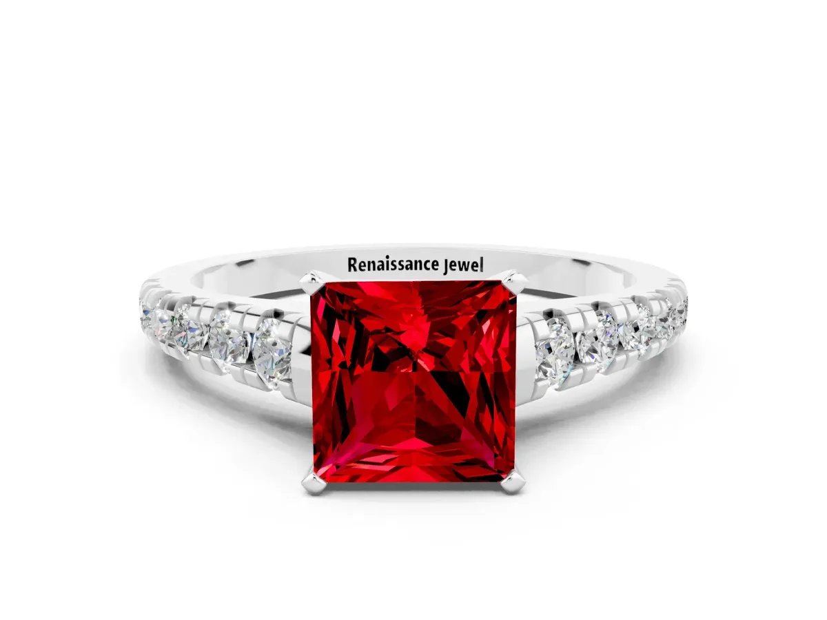 Princess Cut Ruby Cathedral Solitaire Ring with Round Pavé Band Platinum