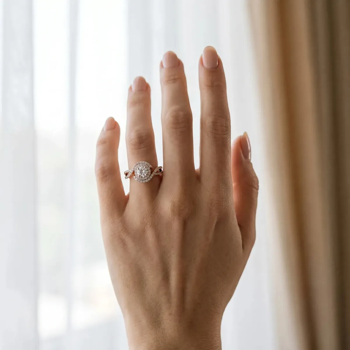 Round Cut Halo Twist Band Solitaire Prong Setting Rose gold